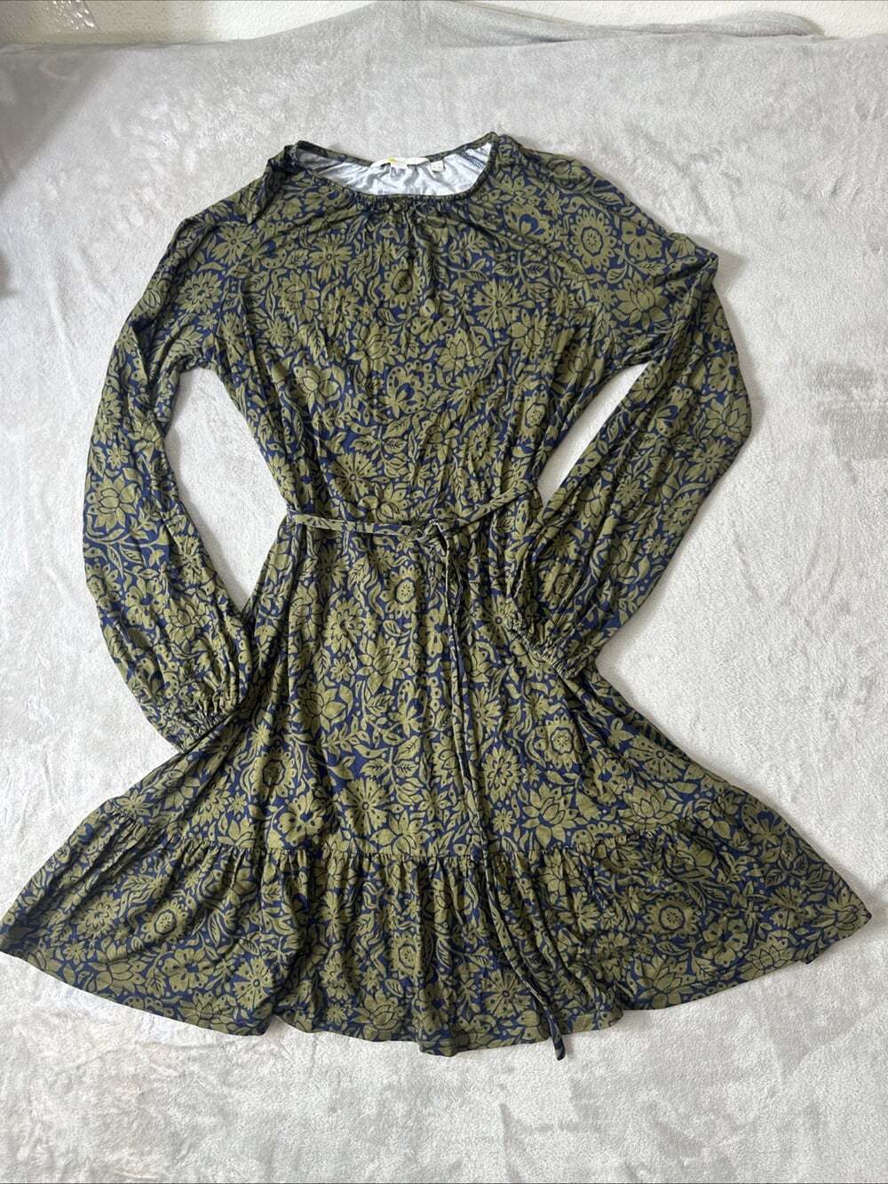 Boden Women’s Floral Print Belted Long Sleeve Tiered Dress Blue Green Size 8L